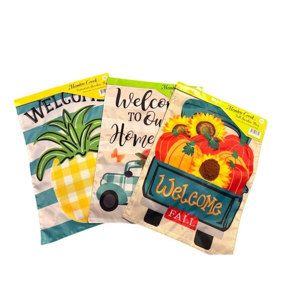 3 Garden Flags Bundle 12.5 x 18 Double Sided Welcome Spring Summer Fall - Picture 1 of 16